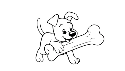 Un perrito sonriente y con la lengua fuera sostiene un gran hueso, listo para colorear en una placa de color.