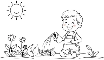 Placa de color para niños: niño feliz regando plantas con un sol sonriente.