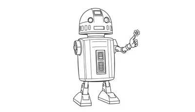 Un robot amigable con contornos gruesos, una cabeza redonda, cuerpo cilíndrico, un brazo extendido sosteniendo una flor y patas cortas. Placa de color para colorear.