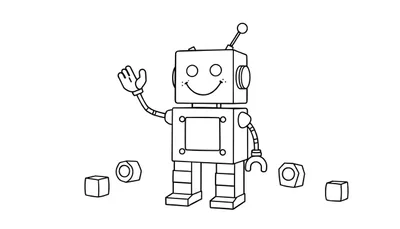 Un robot amigable de dibujos animados con una placa de color, saludando.