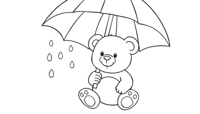 Oso de peluche de la placa de color sentado bajo un paraguas con gotas de lluvia.