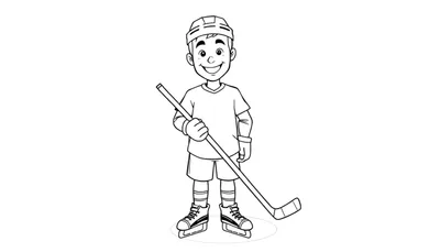 Un dibujo lineal de un niño sonriente jugando al hockey, listo para la acción con un palo de hockey, esperando a ser coloreado con una placa de color.