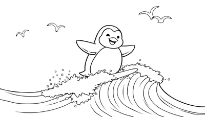 Un pingüino sonriente surfeando una ola en una página para colorear de placa de color.