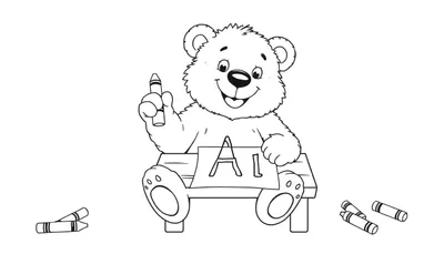 Placa de color de un oso de peluche feliz dibujando 'AI' con un crayón.