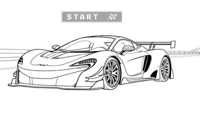 Coche deportivo McLaren para colorear en la línea de salida con placa de color.