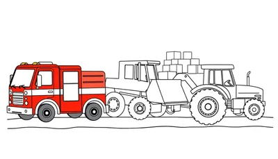 Página para colorear con un camión de bomberos, una excavadora y un tractor en una obra, todos listos para añadir color.