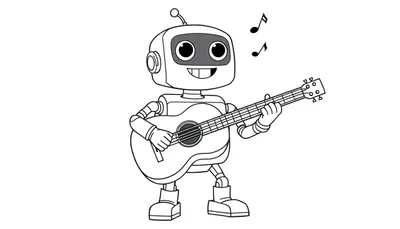 Un robot de caricatura con cabeza cuadrada y pantalla gris tocando una guitarra acústica, listo para colorear en esta placa.