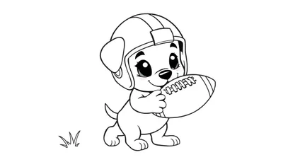 Placa de color de un cachorro con casco de fútbol americano, sosteniendo un balón.