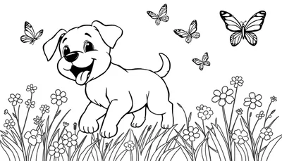 Un cachorro feliz jugando con mariposas y flores, listo para ser coloreado en esta placa de color.