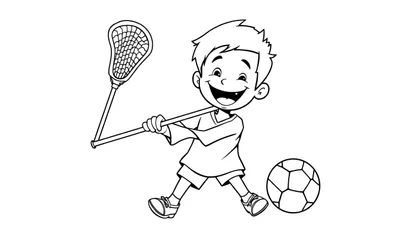 Placa de color de un niño sonriente jugando al lacrosse con un stick.