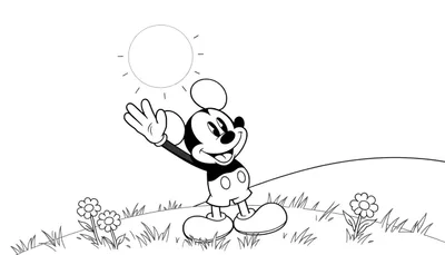 Placa de color de Mickey Mouse saludando bajo el sol.