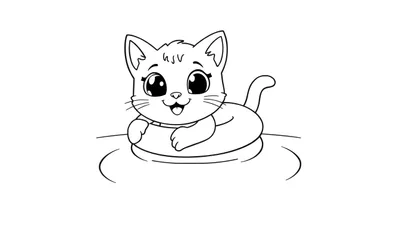 Placa de color de un gatito feliz flotando en un anillo en una piscina.