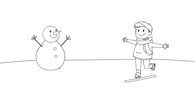Placa de color de un niño sonriente patinando sobre hielo junto a un muñeco de nieve amigable.