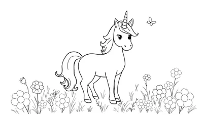 Placa de color de un unicornio adorable con flores y una mariposa.