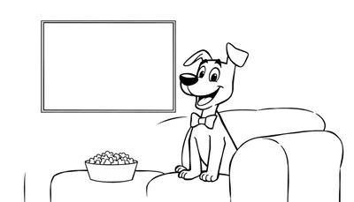 Perro de dibujos animados sonriente con pajarita y tazón de palomitas viendo la televisión, página para colorear de la placa de color.