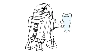 Placa de color de R2-D2 con un vaso de agua.