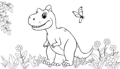 Un dibujo de T-Rex amigable para colorear con una mariposa, listo para la placa de color.
