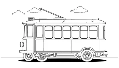Un dibujo lineal de un tranvía de estilo antiguo para colorear, con la palabra 'placa de color' en él.