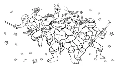 Las Tortugas Ninja listas para la acción en una placa de color para colorear.