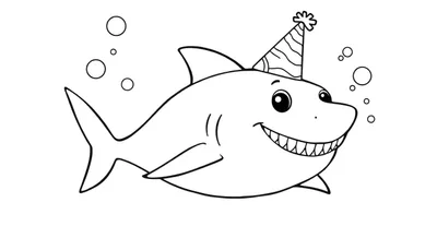 Un tiburón sonriente con un gorro de fiesta, listo para colorear, con burbujas a su alrededor.