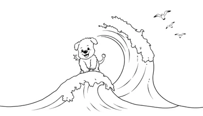Un cachorro feliz surfeando una gran ola, con gaviotas en el cielo, listo para colorear en una placa.