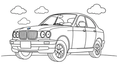 Un coche clásico BMW para colorear, con nubes en la placa de color.