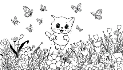 Gato de colorear persiguiendo mariposas en un prado de flores, una placa para colorear.
