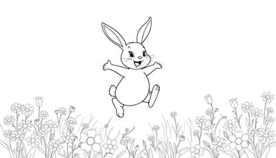 Un conejito feliz saltando en un campo de flores, listo para colorear en la placa de color.