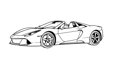 Un coche deportivo descapotable dibujado con líneas negras sobre un fondo blanco, listo para ser coloreado con tu placa de color favorita.