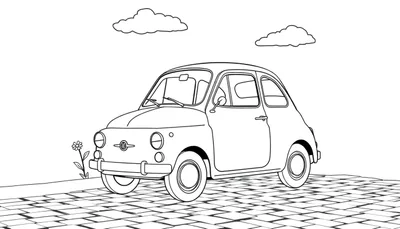 Un dibujo lineal de un Fiat 500 de color, con detalles de una flor y nubes.