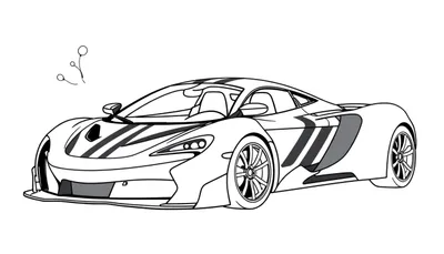 Un coche deportivo McLaren para colorear, con líneas negras y blancas, sobre un fondo blanco con formas abstractas en la esquina superior izquierda.