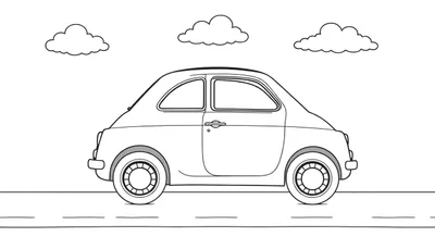 Placa de color de un coche clásico Fiat 500 listo para colorear en una carretera con nubes.