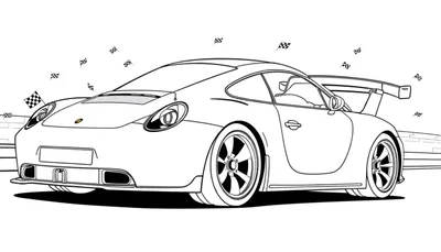 Un coche de carreras Porsche listo para colorear, con la placa de color, en un circuito de carreras con banderas a cuadros.