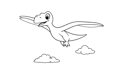 Un Pteranodon amigable de dibujos animados volando entre nubes, listo para la placa de color.