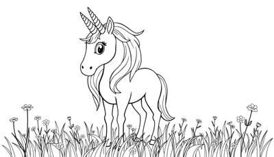 Placa de color de un unicornio blanco y negro en un campo.