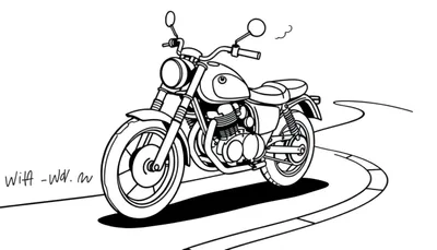 Una motocicleta de dibujo lineal en blanco y negro con una placa para colorear.