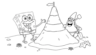 Bob Esponja y Patricio construyendo un castillo de arena, página para colorear con placa de color.