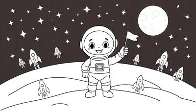 Astronauta feliz en la Luna con bandera, cohetes y estrellas. Placa de color para colorear.