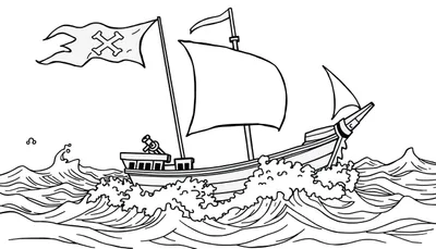 Un barco pirata con tres mástiles y una bandera de calavera, navegando en un mar lleno de olas grandes, listo para colorear en una placa de color.