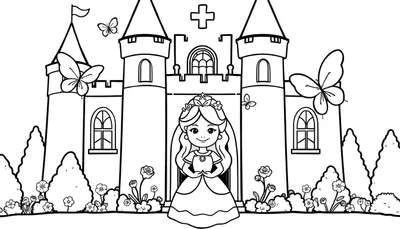 Una página para colorear de una princesa con un vestido largo y una corona, de pie frente a un castillo de cuento de hadas con torres puntiagudas y mariposas. Placa de color.