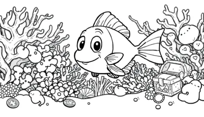 Un pececito sonriente nada hacia el espectador en una placa de color submarina de contorno blanco y negro, rodeado de corales y un cofre del tesoro.