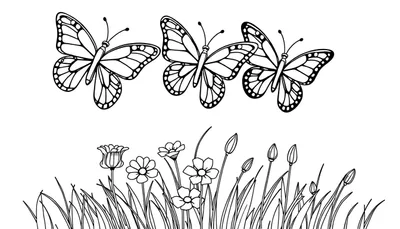 Una placa de color en blanco y negro de tres mariposas con alas detalladas revoloteando sobre un prado de flores y hierba.