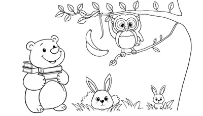 Página para colorear de un oso con libros, conejos en la hierba, un búho en un árbol y un plátano, todo en blanco y negro.