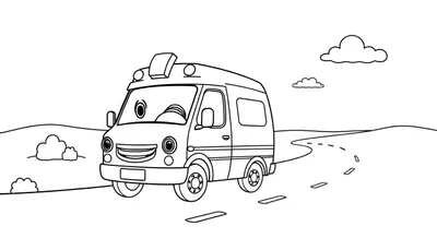Caricatura de ambulancia amigable con grandes ojos y barra de luces, lista para ser coloreada.