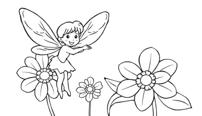 Dibujo lineal de un hada jugando entre flores, lista para colorear en la placa de color.