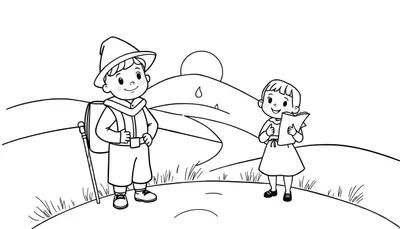 Dos niños caminando por un camino rural con una placa de color, uno con sombrero y bastón, el otro con un libro.