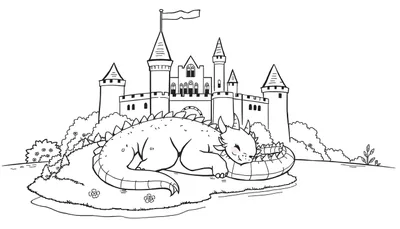 Placa de color: un castillo de cuento de hadas con un dragón amigable dormido en el foso.