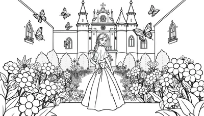 Una princesa sonriente en un jardín floreciente con su castillo en el fondo, lista para ser coloreada en esta placa de color.