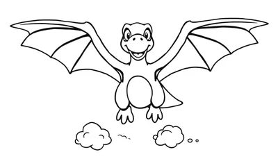 Un pterodáctilo amigable sonriendo, con alas extendidas, volando sobre nubes, para colorear en blanco y negro, ideal para una placa de color.