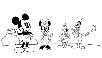 Placa de color para colorear con Mickey Mouse, Minnie Mouse, Donald Duck y Goofy jugando en un parque.